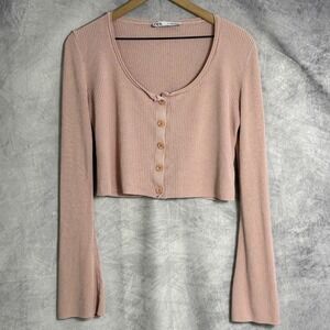 Zara Crop Top Sweater Womens Sz M Pink Ribbed Bell Sleeve Button Coquette